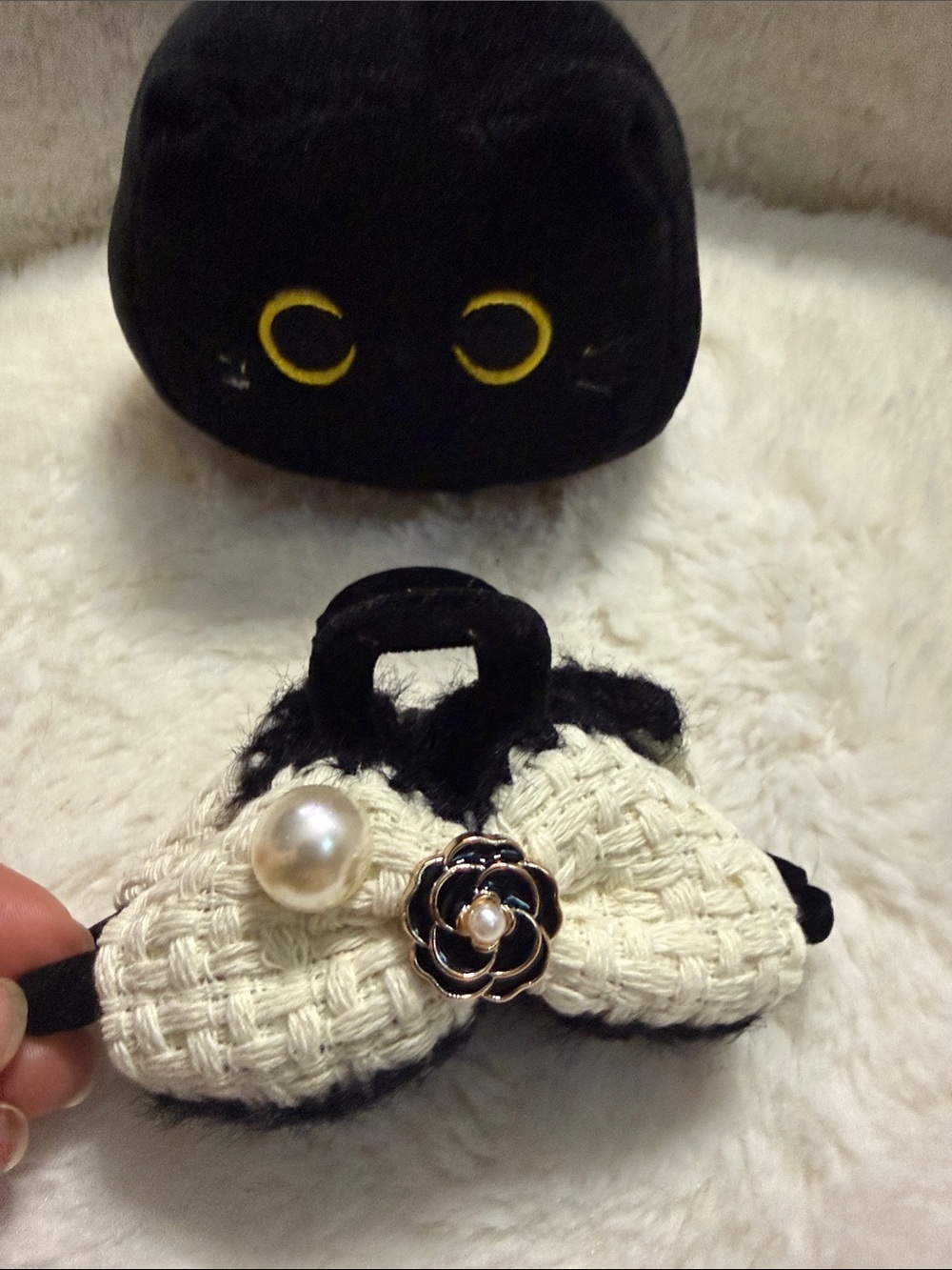Black & Cream Tweed Bow Hair Claw with Pearl and Flower Accent